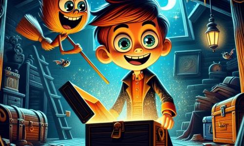 Un joven niño calabaza llamado Pancho, con piel naranja brillante, ojos redondos y chispeantes, y una amplia sonrisa, se encuentra en el centro de un desván polvoriento. Expresa gran curiosidad y emoción mientras abre una vieja caja misteriosa, iluminada por la luz de la luna que se filtra a través de una ventana rota. Junto a él, una escoba animada, con largas pestañas y una sonrisa traviesa, flota en el aire, sus cenizas desordenadas danzando a su alrededor. Parece alegre y lista para divertirse, observando a Pancho con ojos brillantes de entusiasmo. El lugar es un desván oscuro y misterioso, lleno de viejos baúles, telarañas y espejos con reflejos extraños, creando una atmósfera mágica y ligeramente aterradora. La situación principal muestra a Pancho y su amiga la escoba descubriendo un tesoro escondido, rodeados por la sombra de objetos antiguos, con un aire de aventura y misterio palpable en el ambiente.