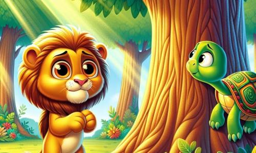 Leo, a small lion with golden fur and big expressive eyes, stands behind a large tree, looking a bit guilty yet curious, ready to play hide and seek. Tilly, a green turtle with a colorful shell, is a few steps away, her eyes wide with surprise as she searches for the treasure Leo mentioned, her expression showing both excitement and confusion. The setting is a sunny forest filled with vibrant trees and colorful flowers, with sunlight filtering through the branches, creating a cheerful and magical atmosphere. The main situation shows Leo hesitating to confess his lie to Tilly, while she looks around, hoping to find the treasure, illustrating the theme of honesty and friendship.