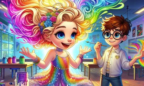 Im Zentrum des Bildes steht Lilly, ein Mädchen mit lockigen, bunten Haaren, umgeben von lebhaften Farben, die um sie wirbeln. Sie trägt ein glitzerndes Kleid mit Regenbogenmustern, und ihr Gesicht strahlt vor Freude mit einem breiten Lächeln und funkelnden Augen. Rechts von ihr schaut Max, ein 10-jähriger Junge mit runden Brillen und zerzausten braunen Haaren, bewundernd zu Lilly. Er hält in einer Hand einen Pinsel und in der anderen einen Farbtopf, bereit, ihr zu helfen, ein farbenfrohes Meisterwerk zu schaffen. Im Hintergrund findet die Szene in einem großen Klassenzimmer für Superhelden statt, mit Wänden, die mit Zeichnungen von Superhelden und leuchtenden Farben dekoriert sind. Tische sind mit Kunstmaterialien bedeckt, und bunte Lichtstrahlen erhellen den Raum. Die Hauptsituation zeigt Lilly, die lebendige Farben aus ihren Händen sprudeln lässt und den Raum in einen echten Regenbogen verwandelt, während Max sich darauf vorbereitet, mit ihr zu malen und gemeinsam ein fröhliches, lebendiges Kunstwerk zu schaffen.