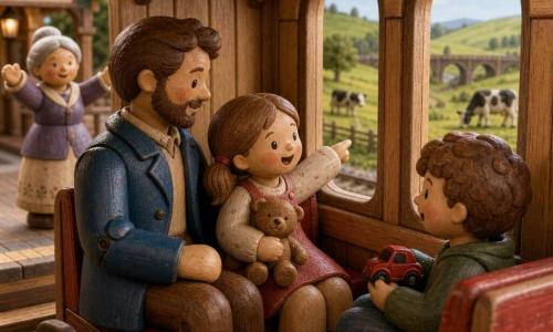 A smiling, wide-eyed 4-year-old girl with light brown hair in pigtails holds a small brown teddy and looks out the painted wooden train window while a curly-haired 4-year-old boy across from her plays 