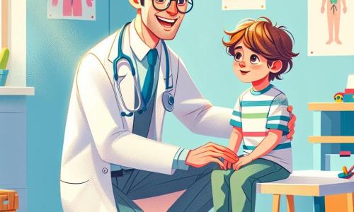 Głównym bohaterem jest mężczyzna, doktor Michał, około trzydziestki, z szerokim uśmiechem i okrągłymi okularami. Ma na sobie nieskazitelnie białą odzież, stetoskop na szyi i niebieską apaszkę zawiązaną wokół szyi. Kuca obok małego chłopca, z ciepłym i uspokajającym wyrazem twarzy. Mały chłopiec, Kuba, ma około 6 lat, ma brązowe, potargane włosy i duże, ciekawe oczy. Siedzi na krześle, trzymając w rękach kolorowy rysunek, patrząc na doktora z mieszanką ekscytacji i obaw. Scena rozgrywa się w jasnej i przyjaznej klinice, z pastelowymi ścianami, edukacyjnymi plakatami o zdrowiu i zabawkami rozsypanymi po podłodze. Okno wpuszcza światło słoneczne, oświetlając pomieszczenie i tworząc ciepłą atmosferę. Główna sytuacja pokazuje doktora Michała, który bada Kubę, entuzjastycznie wyjaśniając, jak działa jego serce, podczas gdy mały chłopiec słucha uważnie, a na jego twarzy zaczyna pojawiać się uśmiech.