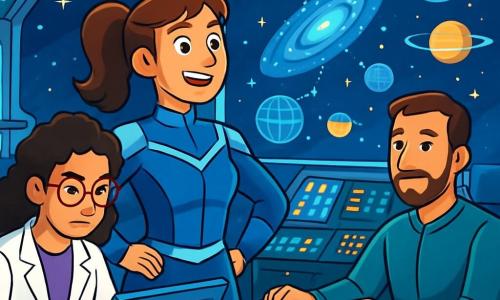 Nova, een vrouw van rond de dertig, staat in de commandocentrale van haar ruimteschip, met een vastberaden en opgewonden blik. Ze heeft bruin haar in een paardenstaart en een futuristisch blauw-zilver uniform dat schittert onder de lichten van de ruimte. Haar ogen stralen van anticipatie terwijl ze de hologrammen van de sterrenstelsels om zich heen bekijkt. Naast haar is Yara, een jonge vrouw van 25 met ronde brillen en krullend haar, gebogen over een scherm, haar handen snel op het toetsenbord. Ze draagt een witte laboratoriumjas en lijkt geconcentreerd, met gefronste wenkbrauwen. Max, een man van rond de dertig, zit aan de stuurconsole, zijn vingers dansen over de bedieningselementen. Hij heeft kort haar en een goed verzorgde baard, met een serieuze maar enthousiaste uitdrukking, klaar om naar het onbekende te navigeren. De futuristische commandocentrale is gevuld met knipperende lichten en zwevende hologrammen van sterren en planeten. De muren zijn van zilvermetaal en grote ramen bieden een spectaculair uitzicht op de zwarte ruimte vol fonkelende sterren. De hoofdsetting toont Nova en haar team die zich voorbereiden op een gedurfde reis naar een mysterieuze sterrenstelsel, omringd door geavanceerde technologieën, klaar om het onbekende te trotseren, met een voelbare sfeer van opwinding en aanstaande avontuur.