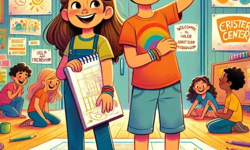 Uma menina de 10 anos, Lara, com longos cabelos castanhos e olhos cheios de curiosidade, está em pé, com um grande sorriso no rosto, segurando um lápis e um caderno de esboços. Ela veste uma camiseta colorida e um short de jeans, e suas mãos estão cobertas de manchas de tinta. Ao lado dela, um menino de 10 anos, Tiago, com cabelos cacheados e óculos, observa atentamente o caderno de Lara, com uma expressão concentrada e entusiasmada, segurando uma régua na mão. O ambiente é um centro comunitário animado, cheio de tendas coloridas, mesas com jogos e crianças rindo e brincando ao redor. Cartazes de boas-vindas estão pendurados nas paredes, e um grande painel indica 