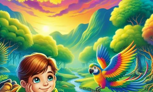 Um menino de 10 anos, Lucas, com olhos brilhantes e curiosos, está deitado em um gramado verde, com um grande sorriso tranquilo no rosto. Seus cabelos castanhos, levemente bagunçados, brilham sob os raios dourados do sol poente. Ao seu lado, um papagaio colorido com penas vibrantes em tons de azul, verde e amarelo dança graciosamente no ar, com suas asas cintilando como estrelas. O local é um lindo vale, cercado por grandes árvores com folhas verdes brilhantes, e um suave riacho murmura pacificamente nas proximidades. O céu é tingido de nuances de rosa e laranja, enquanto estrelas começam a aparecer, acrescentando um toque de magia à atmosfera. A cena principal mostra Lucas, relaxado e sereno, ouvindo o suave murmúrio do vento e o canto do papagaio, enquanto se deixa levar por um sentimento de paz e tranquilidade, pronto para mergulhar em um sono reparador.