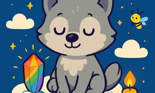 Um pequeno lobo com pelos suaves e prateados, grandes olhos brilhantes e um sorriso sereno, está sentado em uma nuvem macia, respirando calmamente com uma expressão de serenidade no rosto. Ao seu lado, um cristal cintilante com cores do arco-íris emite uma luz suave, enquanto uma pequena vela com uma chama dourada dança suavemente, criando uma atmosfera acolhedora. O céu é de um azul profundo, salpicado de nuvens brancas como algodão, e vagalumes luminosos voam ao redor, iluminando a paisagem com pequenas centelhas douradas. O pequeno lobo se deixa embalar pela melodia tranquilizadora do cristal, enquanto os vagalumes formam padrões no ar, acrescentando um toque mágico a esta cena pacífica.