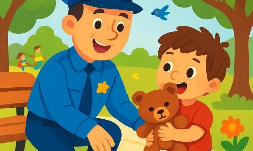 Policjant Marek stoi na słonecznym chodniku z szerokim, ciepłym uśmiechem i błyszczącymi od życzliwości oczami. Ma na sobie jasnoniebieski mundur, dopasowaną czapkę i błyszczący znaczek na piersi. Obok niego stoi pięcioletni chłopiec Jaś z rozczochranymi brązowymi włosami, ubrany w czerwoną koszulkę z rysunkiem dinozaura. Trzyma w ramionach pluszowego misia i z podziwem patrzy na policjanta. Scena rozgrywa się w tętniącym życiem parku z bujnymi zielonymi drzewami, drewnianymi ławkami i kolorowymi kwiatami. W oddali widać dzieci bawiące się i ptaki śpiewające na gałęziach. Policjant Marek podnosi pluszowego misia Jaśa, który był schowany pod ławką, podczas gdy chłopiec radośnie się uśmiecha, szczęśliwy, że odnalazł swojego cennego przyjaciela.