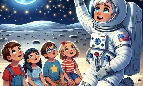 Een jonge man, Mark, is een glimlachende astronaut in een glanzend witte ruimtepak en een grote helm. Zijn ogen stralen van opwinding terwijl hij naar de sterrenhemel wijst, verwonderd door de schoonheid van het universum. Naast hem kijkt een groep kinderen, drie jongens en twee meisjes van ongeveer 8 tot 10 jaar, met bewondering. Een van de jongens draagt een bril en een rood T-shirt, terwijl een van de meisjes een blauwe jurk met sterren aan heeft. Ze zitten op de maanbodem, met hun ogen naar de lucht gericht. De scène speelt zich af op het maanoppervlak, met grijze kraters en fonkelende sterren op de achtergrond. De aarde is in de verte zichtbaar, zwevend in de ruimte. Mark legt de kinderen de schoonheid van de sterren uit en moedigt hen aan om groot te dromen en het universum te verkennen, terwijl ze samen een moment van vreugde en verwondering delen onder de nachtelijke hemel.