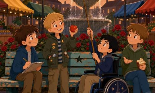 Four children—Milo (10, messy brown hair, small graphite smudge, sitting left with a worn notebook and pencil), Ben (9, short blond hair, standing center-left with a pocketed jacket and an offered apple), Jay (10, short black hair, in a wheelchair with stylized wheels at center-right, holding a stick with a string and paperclip), and Sam (11, light chestnut hair, calm, sitting right offering a piece of bread)—gathered by the painted, peeling "Star Bench" on a small twilight neighborhood market square with warm cobbles, folding stalls, a round fountain and rose bushes, lit by yellow lampposts, working together to retrieve an orange balloon tied to a string above the fountain using a long pole, coordinated, focused and friendly, in a simple flat, high-contrast illustrative style.