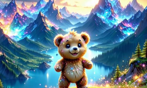 Ulises, un pequeño oso de peluche marrón con grandes ojos brillantes y una sonrisa curiosa, se encuentra en la cima de una colina luminosa en el planeta Zog, maravillado por los paisajes coloridos que lo rodean. A su lado, Zira, una criatura zogiana translúcida de formas etéreas, emite destellos de luz suave y sonríe cálidamente a Ulises, compartiendo su alegría por el descubrimiento. Kira, un joven zogiano de colores vivos, observa a Ulises con curiosidad mientras juega con patrones de luz en el aire. El lugar es un paisaje de ensueño en Zog, con colinas cubiertas de flores luminosas, árboles con hojas brillantes y un cielo lleno de estrellas danzantes en tonos pastel. La escena muestra a Ulises, Zira y Kira en la colina, compartiendo historias y risas, simbolizando la amistad intergaláctica y la magia del descubrimiento cultural en un universo vibrante y acogedor.