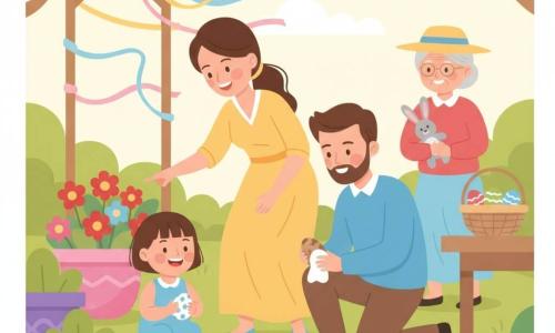 Lila, menina de 2 anos, cabelos curtos castanhos e bochechas rosadas, agachada na relva segurando um ovo de plástico branco e azul com bolinhas; a mãe de vestido amarelo, cabelo preso, aponta para outro ovo atrás de um vaso; o pai de barba leve e camisa azul ajoelhado, limpa um ovo sujo com um pano; a avó com chapéu de fita ao fundo segurando um coelhinho de pelúcia cinza e sorrindo; jardim ensolarado com relva verde, vasos coloridos, fitas em tons pastéis ao vento e uma mesa com um cesto de ovos pintados (vermelho, verde, rosa, azul); cena principal: procura de ovos alegre e tranquila, Lila descobrindo um ovo às bolinhas, luz suave da manhã, cores vivas, atmosfera acolhedora e segura.
