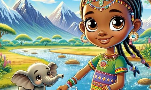 Amina, uma jovem africana de 12 anos, está em pé à beira de um rio cintilante, com olhos brilhantes como estrelas e um grande sorriso no rosto. Ela usa um vestido colorido de tecido tradicional, adornado com padrões africanos, e seus cabelos estão trançados com contas coloridas. Ela observa com admiração a água clara que reflete o céu azul. Ao seu lado, Tembo, um jovem elefante amigável, se mantém majestoso, com suas grandes orelhas flutuando suavemente ao vento. Ele tem pele cinza e olhos suaves, parecendo pronto para ajudar Amina em sua missão. Ao fundo, as Montanhas Nyota se erguem majestosas, tocando as nuvens, enquanto árvores verdes e flores silvestres coloridas embelezam a paisagem. O sol brilha alto no céu, criando uma atmosfera calorosa e acolhedora. A cena principal mostra Amina enchendo seu cântaro com água mágica da fonte, com uma expressão de determinação e alegria, enquanto Tembo a observa com orgulho, pronto para acompanhá-la em seu retorno à aldeia para salvar sua comunidade.