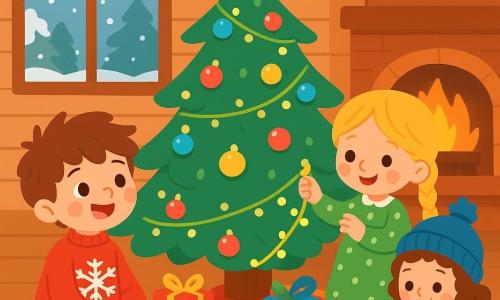 Há 3 personagens: - Léo: um menino de 5 anos com cabelo castanho bagunçado, vestindo um suéter vermelho com flocos de neve. Ele está sentado no tapete macio, com os olhos brilhando de excitação. - Nina: uma menina de 4 anos com longos cabelos loiros trançados, vestida com um vestido verde com bolinhas brancas. Ela está em pé perto da árvore, segurando uma guirlanda brilhante. - Bia: uma menininha de 3 anos com cabelos cacheados castanhos, vestida com um casaco azul e um gorro de lã. Ela está agachada, decorando uma bola de Natal com purpurina. O local é uma charmosa casa de madeira, decorada para o Natal. A árvore, majestosa, está cheia de luzes coloridas e bolas brilhantes. A lareira crepita, projetando uma suave luz dourada, enquanto a neve cai suavemente do lado de fora, criando uma paisagem mágica. A cena principal mostra os três amigos decorando a árvore de Natal juntos, rindo e se divertindo, cercados por presentes coloridos e biscoitos em forma de estrelas.
