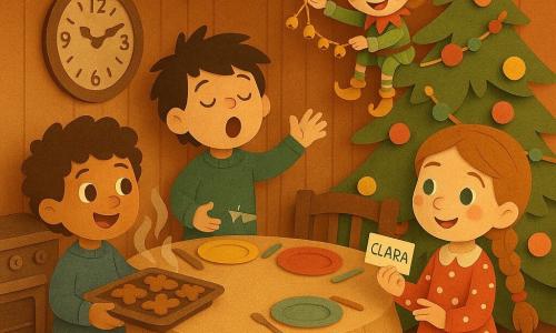 Há quatro personagens: Clara, garota de 8 anos, cabelo castanho claro em trança, vestido vermelho de bolinhas, à direita da mesa segurando um marca‑place com sorriso; João, menino de 8 anos, cabelo preto desgrenhado, suéter verde, à esquerda cantando com a mão levantada; Miguel, menino de 8 anos, cabelo encaracolado, suéter azul, junto ao forno segurando um prato de biscoitos de gengibre fumegantes e olhando para Clara; e Piu‑Piu, um duende travesso de pele clara, olhos grandes, gorro pontudo listrado vermelho e verde e botinhas com guizo, empoleirado no topo da árvore de Natal pronto para deixar cair uma chuva de guizos. O cenário é uma sala de jantar acolhedora em madeira clara, mesa redonda com decorações de papel, pratos coloridos, guirlandas e estrelas de papel penduradas, uma grande árvore decorada com bolas e guirlandas artesanais e luz quente de fim de tarde. Situação: as três crianças riem ao redor da mesa enquanto descobrem que o marca‑place mudou; há folhas de papel coloridas, um pequeno caderno de anotações rabiscado e alguns biscoitos ainda quentes sobre a mesa.