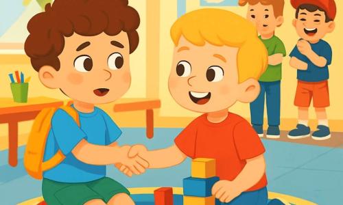 A 6-year-old boy, Ben, with curly brown hair and a big smile, is sitting on a round rug in a bright classroom. He is wearing a blue t-shirt and a small yellow backpack. His eyes shine with excitement, but he looks a bit worried. Next to him is Max, another 6-year-old boy with light-up sneakers, smiling and extending a friendly hand. Max has blonde hair and is wearing a red t-shirt. The classroom is filled with bright colors, with cartoon posters on the walls and multicolored crayons scattered on the tables. Sunlight streams in through the windows at the back, illuminating Ben's face. The main scene shows Ben and Max playing together with blocks, building a tall tower. Ben looks happy but glances nervously at two other boys, Sam and Leo, who are laughing and mocking them. Sam has brown hair and is wearing a green t-shirt, while Leo has black hair and a red cap. They stand apart with mocking smiles, creating a tense atmosphere in this joyful scene.