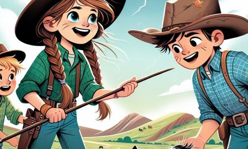 Clara, ein 10-jähriges Cowgirl, steht stolz im Zentrum des Bildes, mit langen, geflochtenen braunen Haaren und einem großen roten Hut. Sie hat einen entschlossenen und mutigen Gesichtsausdruck und hält einen langen Stock, um kleinen Kätzchen zu helfen, die im Schlamm feststecken. Rechts von ihr ist Tom, ein etwa 12-jähriger Cowboy, der mit einem ermutigenden Lächeln nach einem der Kätzchen greift. Er trägt ein blau kariertes Hemd und einen abgenutzten Cowboyhut. Links von Clara steht Lila, eine 11-jährige Rancherin, mit verschränkten Armen und bewunderndem Blick, ihre blonden Haare wehen im Wind. Sie trägt eine grüne Bluse und Jeans, bereit, ihren Freunden zu helfen. Die Szenerie zeigt eine grüne Wiese mit sanften Hügeln im Hintergrund, einem bewölkten Himmel, der sich aufklart und einen schönen Regenbogen zeigt. Bunte Wildblumen bedecken den Boden, und die Holzfarm steht in der Nähe und verleiht der Szene Wärme. Die Hauptsituation zeigt Clara und ihre Freunde, die vereint in einem heldenhaften Akt Kätzchen aus dem Schlamm retten, was Mut und Freundschaft im Herzen des Abenteuers symbolisiert.