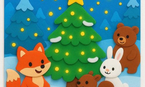 Ein kleiner roter Fuchs namens Finni mit weichem, glänzendem Fell steht freudig vor einem großen Weihnachtsbaum, der mit glitzerndem Schnee bedeckt ist. Seine Augen strahlen vor Glück, während er den Baum betrachtet. Neben ihm beobachtet ein kleiner brauner Eichhörnchen namens Emil mit buschigem Schwanz und schelmischem Lächeln die Szene mit Bewunderung. Viele leuchtende Glühwürmchen fliegen um den Baum und erhellen ihn mit einem sanften goldenen Schimmer. Im Hintergrund schauen ein brauner Bär und ein weißes Kaninchen voller Staunen auf den Baum, während sie Seite an Seite im Schnee stehen. Die Kulisse ist eine magische Winterlandschaft mit schneebedeckten Bäumen und einem sternenklaren Himmel. Die Hauptszene zeigt den Weihnachtsbaum, der dank der Glühwürmchen in tausend Lichtern erstrahlt und eine warme, festliche Atmosphäre im Herzen des verschneiten Waldes schafft.
