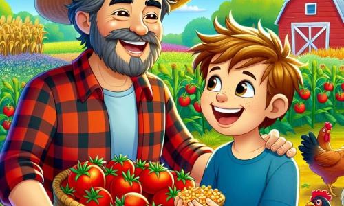 Don Pedro es un hombre de mediana edad, con barba castaña y cabello ligeramente canoso, que lleva una camisa de cuadros roja y un sombrero de paja. Sonríe alegremente mientras sostiene una cesta llena de tomates rojos y jugosos, en medio de su granja. A su lado está Lucas, un niño de unos 8 años, con el cabello rubio despeinado y una camiseta azul, que ríe mientras da maíz a las gallinas que picotean a su alrededor. La escena tiene lugar en una granja colorida, con campos verdes, árboles en flor y un granero rojo de fondo. El sol brilla en un cielo azul, creando un ambiente cálido y alegre. La situación principal muestra a Don Pedro y Lucas trabajando juntos en el huerto, compartiendo un momento de complicidad y felicidad, rodeados de animales de la granja, con gallinas que se acercan a comer.