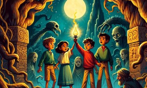 En un claroscuro del misterioso bosque de San Oscuro, cuatro amigos están en círculo. Javier, un niño de 11 años con cabello castaño desordenado y una camiseta roja, sostiene una lámpara de aceite que ilumina sus rostros con un resplandor dorado. A su derecha, Elia, una niña de 11 años con cabello largo y rubio, lleva un vestido azul y mira la luz con ojos llenos de esperanza. A la izquierda, Lucas, un niño de 11 años con gafas y un suéter verde, parece preocupado, con el ceño fruncido. Finalmente, Tomás, un niño de 11 años con cabello negro y piel morena, se encuentra en el centro, tomando las manos de sus amigos, listo para enfrentar el miedo. El lugar es un antiguo círculo de piedras, rodeado de árboles torcidos cuyas ramas parecen querer atrapar la luz. La luna llena brilla arriba, proyectando sombras danzantes en el suelo, mientras ruidos misteriosos resuenan en el aire fresco de la noche. Los cuatro amigos se enfrentan a una sombra amenazante que emerge de las tinieblas, una silueta borrosa e inquietante, mientras se mantienen firmes juntos, decididos a superar su miedo y llevar la luz a la oscuridad.