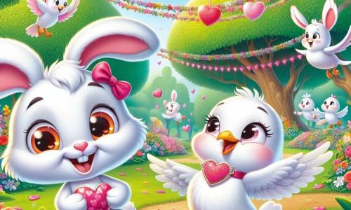 Valentino, un adorabile coniglietto bianco con grandi orecchie e un sorriso splendente, sta danzando gioiosamente in un parco colorato, circondato da fiori vivaci e palloncini a forma di cuore, con occhi scintillanti di felicità. Accanto a lui, Clara, una dolce colomba con piume bianche e rosa, vola graziosamente nell'aria, il suo viso radioso di gioia mentre applaude Valentino. Il parco è pieno di alberi verdi, ghirlande di cuori appese e altri animali che si divertono intorno a loro, creando un'atmosfera festosa e calorosa. La scena principale mostra Valentino che offre biscotti a forma di cuore a Clara, mentre ridono insieme, celebrando l'amicizia e l'amore durante una gioiosa festa di San Valentino.