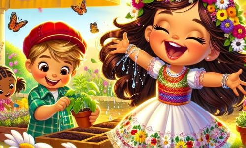 Una bambina di 6 anni, Sofia, con lunghi capelli castani e occhi scintillanti di gioia, indossa un vestito colorato decorato con fiori. Sorride ampiamente, con le braccia aperte, ammirando un giardino vibrante di colori, pieno di margherite bianche e gialle che danzano nella brezza primaverile. Accanto a lei, un ragazzo di 6 anni, Marco, con capelli biondi arruffati e un cappellino rosso, tiene in mano una piccola pianta di pomodoro, sembrando orgoglioso ed entusiasta. Un po' più in là, una ragazza di 6 anni, Giulia, con capelli neri intrecciati e un vestito verde, annaffia le sue erbe aromatiche, concentrata e sorridente. Il giardino è un luogo incantevole, illuminato da una luce dorata, con fiori brillanti, farfalle che svolazzano e uccelli che cantano sugli alberi. Sullo sfondo, si può vedere un grande tavolo decorato con tovaglie colorate e cibi deliziosi, pronto per una festa di primavera. La scena principale mostra Sofia e i suoi amici intenti a piantare fiori e ortaggi, ridendo e aiutandosi a vicenda, creando insieme un magnifico giardino comunitario, simbolo della loro amicizia e della bellezza della primavera.