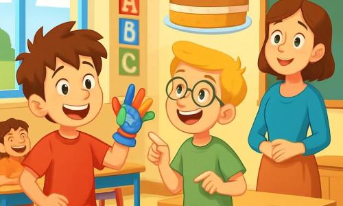 Ci sono 2 personaggi principali: Giacomo, un ragazzo di 10 anni con capelli castani disordinati, che indossa una maglietta rossa e un pantaloncino blu, è in piedi a sinistra con un guanto magico colorato e un sorriso entusiasta; Matteo, un ragazzo di 10 anni con capelli biondi e occhiali rotondi, vestito con una maglietta verde e pantaloni beige, è a destra di Giacomo, ridendo e indicando la torta di fragole che fluttua sopra la testa dell'insegnante. La scena si svolge in un'aula di scuola primaria luminosa, con pareti gialle e poster colorati di lettere e numeri, banchi di legno e sedie multicolori. Al centro della stanza, una torta di fragole, deliziosa e decorata con panna, fluttua sopra l'insegnante, creando un'atmosfera magica e gioiosa. La situazione principale mostra Giacomo e Matteo, con gli occhi brillanti di malizia, mentre cercano di far apparire una torta di fragole sopra la testa dell'insegnante senza farsi scoprire, mentre gli altri bambini ridono e l'insegnante, sorpresa, guarda la torta con un sorriso divertito.