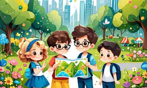 Quattro amici si trovano al centro di un parco futuristico, circondati da fiori musicali e farfalle robotizzate. Leo, un ragazzo di sei anni con capelli castani e occhiali rotondi, sorride tenendo una mappa del parco. Alla sua destra, Sofia, una ragazza con capelli biondi e ricci, disegna stelle nell'aria con le dita. A sinistra, Marco, un ragazzo con capelli neri e corti, osserva attentamente un puzzle geometrico che fluttua davanti a lui. Infine, Giulia, una ragazza con capelli castani e lisci, è seduta nella sua sedia a rotelle volante, illuminata da luci colorate, e guarda i suoi amici con un grande sorriso. Il parco è un luogo magico, pieno di grattacieli scintillanti sullo sfondo, sentieri che cambiano colore e statue robotiche che raccontano storie. Gli alberi con foglie luminescenti danzano dolcemente al vento, e robot amichevoli interagiscono con i bambini. I quattro amici scoprono una porta segreta dietro una statua robotica silenziosa, pronti a entrare in un tunnel misterioso che li porterà a un'avventura incredibile per salvare il Grande Robot del parco.