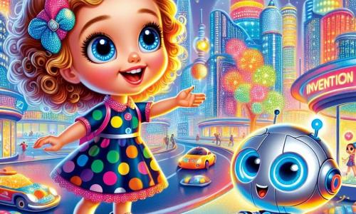 Uma menina de 4 anos, Lila, com grandes olhos brilhantes e cabelos cacheados, sorri com encanto. Ela usa um vestido colorido de bolinhas e tênis iluminados. Ao seu lado, um pequeno robô chamado Pip, com corpo prateado e olhos redondos e expressivos, faz piruetas flutuando no ar. O cenário é a Cidade das Luzes Saltitantes, onde edifícios futuristas brilham em mil cores sob um céu azul radiante. Carros voadores deslizam suavemente sobre as ruas movimentadas, e árvores com folhas luminosas dançam ao vento. Lila e Pip estão diante de uma máquina de invenções, prontos para descobrir uma nova aventura. Lila, cheia de empolgação, estende a mão em direção ao botão luminoso da máquina, enquanto Pip, com um sorriso alegre, a incentiva a pressioná-lo.