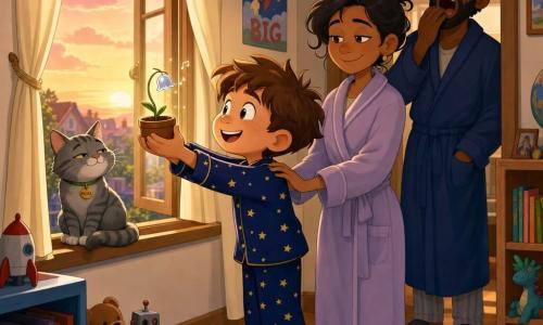 An 8-year-old boy, Milo, with a round freckled face, tousled chestnut hair and bright wide eyes, in navy star pajamas, stands on tiptoe at an open window at sunrise, beaming proudly as he holds a small clay pot with a tiny stem and a silver bellbud that tinkles, golden-pink light on his skin; a gray tabby cat named Pickle sits on the sill, tail curled, half-closed eyes watching the bell; the father (about 35) in a rumpled robe yawns and smiles in the doorway with hands in his pockets, and the mother (about 34) in a soft robe stands beside him with a hand on Milo’s shoulder, tenderly amused; cozy bedroom/living room with wooden floor, light curtains, toys and books in the background, warm, gentle, slightly comic magical morning.