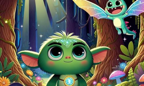 Im Zentrum des Bildes steht Momo, ein kleines Monster mit großen runden Augen und grüner Haut, mit einem entschlossenen Ausdruck im Gesicht. Seine kleinen spitzen Ohren und sein schüchternes Lächeln zeigen, dass er sowohl mutig als auch etwas nervös ist. Er trägt einen glänzenden Amulett um den Hals, der im Licht funkelt. Neben ihm fliegt Flappi, ein kleiner Drache mit bunten Schuppen und durchsichtigen Flügeln, fröhlich in der Luft. Er hat einen funkelnden Blick der Aufregung und scheint Momo zu ermutigen. Im Hintergrund spielt die Szene in einem verwunschenen Wald, wo große Bäume mit knorrigen Stämmen in den Himmel ragen. Bunte Blumen und leuchtende Pilze bedecken den Boden, während Sonnenstrahlen durch das Laub brechen und eine magische Atmosphäre schaffen. Die Hauptsituation zeigt Momo und Flappi, die sich darauf vorbereiten, einem großen bedrohlichen Schatten entgegenzutreten, der am Eingang einer dunklen Höhle lauert. Momo, mit seinem glänzenden Amulett, scheint bereit zu sein, seine Angst zu überwinden, während Flappi ihn mit einem selbstbewussten Lächeln ermutigt.