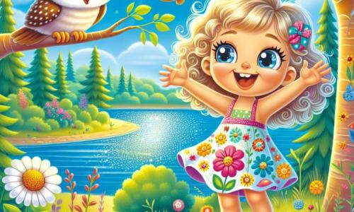 Czteroletnia dziewczynka z kręconymi blond włosami i dużymi, błyszczącymi niebieskimi oczami stoi na brzegu pięknego jeziora. Ma na sobie kolorową sukienkę w kwiaty i radośnie się uśmiecha, z otwartymi ramionami, jakby chciała objąć cały świat. Obok niej siedzi urocza mała sowa z miękkim upierzeniem i figlarnymi oczami, siedząca na gałęzi drzewa, z ciekawością obserwująca scenę. W tle jezioro mieni się w słońcu, otoczone dużymi drzewami z jaskrawozielonymi liśćmi i kolorowymi dzikimi kwiatami tańczącymi na wietrze. Niebo jest czyste i niebieskie, z kilkoma puszystymi białymi chmurami. Dziewczynka, zachwycona pięknem natury, uważnie słucha rad sowy, która opowiada jej o mądrości i radości życia. To magiczny moment, w którym niewinność dzieciństwa spotyka mądrość świata.