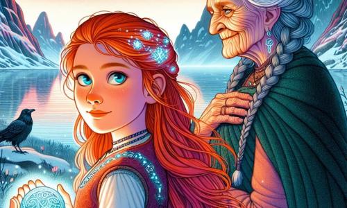 O tânără vikingă, Astrid, stă pe marginea unei stânci, cu fața iluminată de lumina blândă a zorilor. Are părul roșu strălucitor, fluturând în vânt, și ochi albastru-gheață, plini de uimire și hotărâre. În mâini, ține o piatră rotundă, decorată cu rune strălucitoare, care emite o lumină misterioasă. Lângă ea, bătrâna Ragnhild, o femeie de șaptezeci de ani, cu părul gri împletit și fața ridată, o privește cu o expresie de înțelepciune și încurajare. Poartă o rochie din lână închisă la culoare și stă puțin înapoi, cu brațele încrucișate, ca și cum ar proteja un secret vechi. Peisajul este unul nordic măreț, cu munți acoperiți de zăpadă în fundal, un cer colorat în nuanțe de roz și portocaliu, și un fiord calm care reflectă lumina dimineții. Corbii zboară deasupra lor, adăugând o notă de mister scenei. Astrid, plină de curaj, se pregătește să urmeze chemarea runelor, gata să-și descopere destinul dincolo de stânci, în timp ce marea murmura promisiuni de aventură și magie.