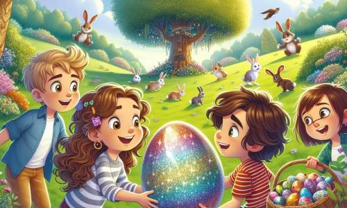 In the center of the image, Sam, an 11-year-old boy with curly hair and a mischievous smile, holds a large, sparkling colored egg in his hands. To his right, Emma, a 10-year-old girl with brown pigtails and glasses, gazes at the egg with wide eyes. On the left, Leo, an 11-year-old boy with smooth hair and round glasses, points to a group of playful rabbits hopping around them. Finally, Jake, an 11-year-old boy with brown hair and a striped t-shirt, stands in the background holding a basket filled with chocolates, a big smile on his face. The setting is a beautiful sunny meadow dotted with colorful flowers and green trees, under a clear blue sky with fluffy white clouds. In the distance, a large tree with a nest can be seen, and the ground is covered with small chocolate eggs hidden among the grass. The main scene shows the four friends discovering a sparkling magical egg in the meadow, surrounded by curious rabbits, ready to start their Easter adventure, filled with laughter and a joyful atmosphere.