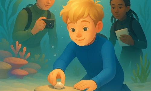 A 12-year-old boy with a round freckled face and tousled blond hair, amazed and calm, floats in a blue wetsuit placing a polished shell on a flat rock above smooth sand; Ranger Nia, about 30–35, fair-skinned with brown hair in a bun and a protective gaze, in a khaki wetsuit films gently from just behind him with a small waterproof camera; Lark, a 14–15-year-old girl with tanned skin and dark braids, shy but relieved in a black wetsuit, holds a small laminated notebook and hovers near a semicircle of shells. The setting is a shallow underwater basin called the Sand Mirror with perfectly smooth white sand, golden shafts of filtered sunlight, pastel coral benches, gently swaying green kelp and schools of silvery fish. The scene is a quiet, solemn moment of placing and observing marked shells in respect for the reef, centered on the boy, with light rippling on the sand and fine bubbles rising.
