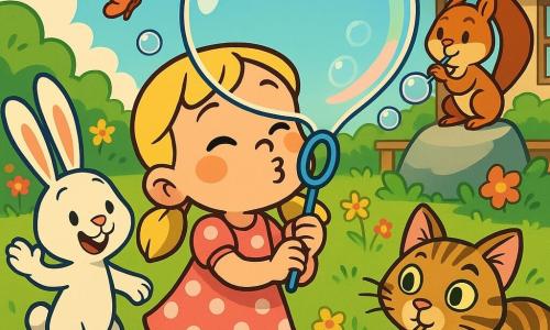 Four-year-old Lily, joyful and determined with blonde pigtails and a pink polka-dot dress, blows a giant transparent iridescent bubble reflecting rainbows while her friends — Benny the white rabbit encouragingly raising a paw, Kitty the green-eyed tabby cat curiously watching with a paw on a small straw, and Sammy the red squirrel on a stone blowing through a straw — help in a sunny colorful garden with green textured grass, flowers, butterflies and a small house in the background, smaller bubbles floating around and a playful cooperative atmosphere.