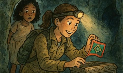 A determined, smiling female explorer with bright eyes and a brown ponytail, wearing a wrinkled khaki jacket and canvas backpack, kneels to gently open a small ornate chest on a stone pedestal containing a colorful embroidered flag she holds carefully; an about-8-year-old girl with curly hair and a simple dress stands behind her to the left, peering through an opening with her mouth slightly open in awe; the scene is in a hidden chamber carved in rock with rough gray stone walls, dark green moss and small stalactites, dust visible in a headlamp beam, warm light on their faces, bluish shadows in the corners, and vivid ink-like touches on the flag and chest details.