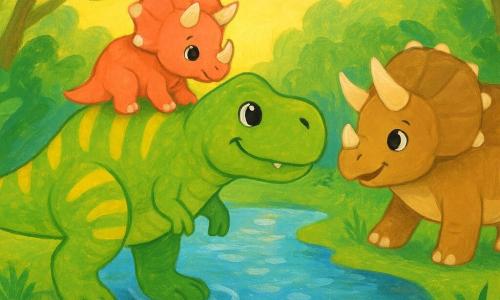 Tyrannosauro rex dolce e sorridente, grandi squame verde chiaro con strisce gialle, occhi tondi e luminosi, postura protettiva, china la testa e porta sul dorso un piccolo triceratopo bebè chiamato Nino, corallo e crema, che tiene la coda del T. rex e guarda verso l'altra riva; la madre triceratopo, più grande, corazza marrone e beige e corna arrotondate, attende sull'altra sponda con le zampe aperte come per abbracciare il piccolo; al centro un ruscello scintillante con acqua azzurra chiara e ciottoli visibili, bordi con erbe alte e felci scure; sullo sfondo una giungla luminosa con alberi dal tronco spesso, foglie ampie, volute di nebbia mattutina e cielo rosa pallido e giallo; composizione semplice e leggibile che trasmette calore, sicurezza e gioia, con forme rotonde, colori vivaci e contrastati e tratto morbido adatto ai più piccoli.