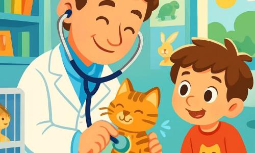A male veterinarian, Dr. Thomas, stands in a bright animal clinic, wearing a white coat and a neatly tied blue scarf. He has a warm, smiling face with kind, sparkling eyes. He is leaning towards a little tabby kitten named Nibble, which he holds gently in his hands, emitting a soft purr. Next to him, an 8-year-old boy, Sam, watches in awe. He has messy brown hair and is wearing a red t-shirt with a cat design. He is crouched down, hands on his knees, admiring the veterinarian. The clinic is spacious and welcoming, with pastel blue walls, shelves filled with animal books, and colorful posters of various species on the walls. Cages with cute animals are arranged in a corner, and a large window lets in sunlight. The main scene shows Dr. Thomas checking the little kitten, listening to its heart with a stethoscope, while Sam learns to be gentle and attentive with animals. The atmosphere is filled with warmth and tenderness, illustrating the love and care the veterinarian provides to the animals.