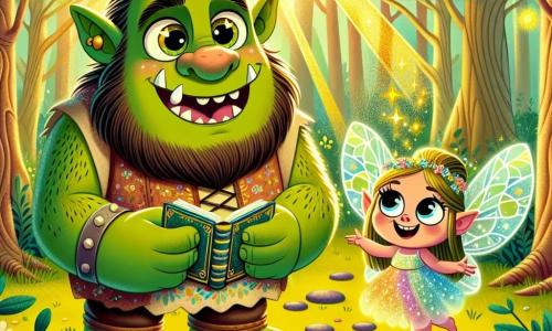 Um ogro chamado Olavo, com pele verde e rugosa, olhos brilhantes de curiosidade e um largo sorriso, está no centro de uma clareira encantada, segurando um livro mágico em suas grandes mãos. Ele veste uma túnica colorida, decorada com padrões de flores, e seu rosto expressa alegria e excitação. Ao seu lado, Glória, uma pequena fada com asas cintilantes e cabelos dourados, voa alegremente. Ela mede cerca de 15 centímetros, com um vestido feito de pétalas de flores, e sorri enquanto aponta para um caminho secreto na floresta. O local é uma clareira mágica, cercada por árvores de troncos coloridos e folhas brilhantes, onde flores luminosas dançam ao vento. Raios de sol penetram pela folhagem, criando uma atmosfera acolhedora. A cena principal mostra Olavo e Glória descobrindo o caminho secreto que os levará à lendária Pedra da Transformação, cheios de entusiasmo e determinação, prontos para viver uma aventura incrível juntos.