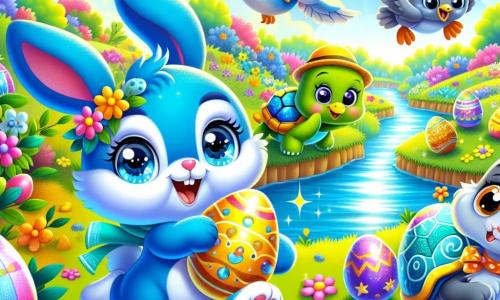 Un adorabile coniglietto blu di nome Bubi, con grandi occhi scintillanti e un sorriso gioioso, si trova al centro di un giardino colorato, circondato da uova di Pasqua decorate. Sta saltando di gioia, tenendo un uovo dorato nelle zampe anteriori. Alla sua destra, una tartaruga verde di nome Titti, con un guscio ornato di fiori, lo guarda sorridendo, tenendo un uovo giallo. A sinistra, un piccione grigio di nome Pino, con un piccolo cappello di paglia, vola sopra di loro, tenendo un uovo colorato. Nel giardino ci sono fiori vivaci, alberi e un ruscello scintillante sullo sfondo, mentre il sole illumina la scena. Bubi e i suoi amici celebrano la magia di Pasqua, pronti per una grande caccia al tesoro.
