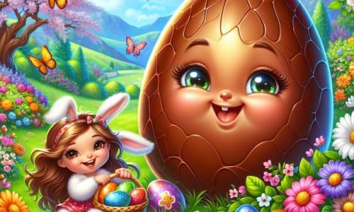 Un uovo di cioccolato lucido, con una superficie dorata e occhi scintillanti di gioia, si trova al centro di un giardino colorato, circondato da fiori vivaci e alberi in fiore. Questo uovo, con un sorriso radioso, sta nascondendo uova decorate nell'erba verde, pronto a sorprendere i bambini. Vicino a lui, una bambina gioiosa, con lunghi capelli castani e un vestito colorato, ride tenendo un cesto pieno di uova dipinte. Ha occhi brillanti di eccitazione e sembra impaziente di iniziare la caccia alle uova. Un adorabile coniglietto bianco, con grandi orecchie e un pelo setoso, salta felice intorno a lei, tenendo una carota tra le zampe anteriori, aggiungendo un tocco di magia alla scena. Il giardino è un vero e proprio quadro primaverile, con fiori multicolori, farfalle che svolazzano nell'aria e un cielo blu splendente. Sullo sfondo, un grande albero di ciliegio in fiore aggiunge dolcezza all'insieme. La scena principale mostra l'uovo di cioccolato e la bambina mentre si preparano per la caccia alle uova di Pasqua, pieni di risate e anticipazione, mentre il coniglio si diverte ad aiutarli a nascondere le sorprese nel giardino incantato.