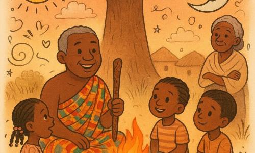 Un bărbat pe nume Kwame, cu față zâmbitoare și piele închisă, păr scurt cenușiu, îmbrăcat într-un pagne kente, șede sub un baobab uriaș ținând un toiag sculptat și povestind; un băiat de circa 6 ani și o fetiță de circa 5 ani, captivați, stau de o parte și de alta, iar o femeie vârstnică îi veghează; pe cerul portocaliu al amurgului Soarele auriu și Luna argintie, cu fețe blânde, par să danseze între nori rosa; scena are loc într-o poiană lângă bordeie cu acoperișuri de paie, iar povestea despre Soare și Lună creează un moment magic și liniștitor.