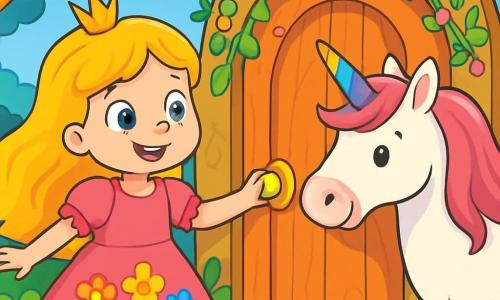Eine Prinzessin namens Lila, etwa 8 Jahre alt, steht im Mittelpunkt der Szene. Sie hat lange, wellige, goldene Haare und trägt ein leuchtend pinkes Kleid, das mit bunten Blumen verziert ist. Ihr Gesicht strahlt Neugier und Staunen aus, ihre großen, glänzenden Augen spiegeln die Magie des Moments wider. Neben ihr steht ein majestätisches Einhorn mit strahlend weißem Fell und einem schimmernden, regenbogenfarbenen Horn, das sie wohlwollend ansieht und bereit ist, ihr bei ihrem Abenteuer zu helfen. Im Hintergrund erstreckt sich ein verzauberter Garten voller bunter Blumen, großer Bäume mit schillernden Blättern und einem klarblauen Himmel, der mit fluffigen Wolken übersät ist. Die Szene zeigt Lila, die eine geheimnisvolle Tür entdeckt, umgeben von Lianen und Blumen, bereit, sie mit einem großen Lächeln auf ihrem Gesicht zu öffnen, während das Einhorn sie liebevoll ermutigt.