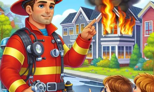 Een man, de brandweerman Koen, staat voor een groot huis in brand, met een vastberaden en moedige blik op zijn gezicht. Hij draagt een felrode uniform, een glanzende helm en houdt een brandslang vast, klaar om de vlammen te blussen. In de buurt kijken drie kinderen, twee jongens en een meisje, met bewondering toe. De jongen met bruin haar, ongeveer 8 jaar oud, draagt een blauwe t-shirt en shorts. Hij wijst naar het vuur met grote ogen. Het meisje, 7 jaar oud, heeft blonde vlechten en draagt een roze jurk; ze houdt de hand van haar jongere broertje vast, een 5-jarig jongetje met een bril, die de brandweerman met een verwonderde glimlach aankijkt. De scène speelt zich af in een woonwijk, met kleurrijke huizen en groene bomen eromheen. Het brandende huis stoot zwarte rook uit, terwijl de lucht blauw is, wat contrasteert met de felle vlammen. Brandweerman Koen is van plan het vuur te blussen door de vlammen met zijn slang te besproeien, terwijl de kinderen hem aanmoedigen met opgewonden kreten, wat een sfeer van moed en samenwerking creëert.