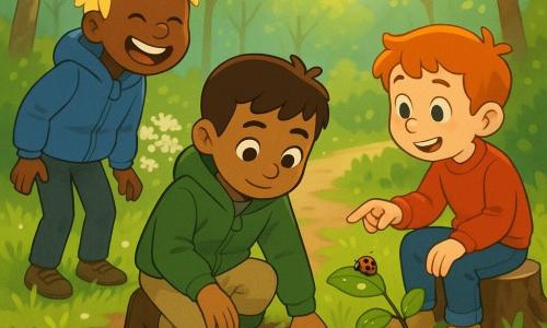 Er zijn drie jongens: Timo (±8 jaar) met kort bruin haar, groene jas en bruine laarzen, gehurkt in het midden terwijl hij met zijn hand de vochtige donkere aarde raakt en aandachtig naar de grond kijkt; Bram (±7 jaar) met warrig blond haar en blauwe anorak, links van Timo, die met een grote glimlach zijn hoofd voorover buigt en de frisse lucht inademt; Raf (±9 jaar) met rood haar en rode trui, rechts van Timo zittend op een klein paaltje, wijst naar een klein rood lieveheersbeestje met zwarte stippen op een blad. Plaats: een lentepad in het bos met groene grassprieten, glinsterende plasjes, jonge lichtgroene blaadjes aan de takken, een vlierstruik met witte bloemen op de achtergrond en zachte zonnestralen. Hoofdactie: de jongens ontdekken de lentegeur van de aarde; intieme, vrolijke sfeer met dauwdruppels op bladeren en zichtbare moddertexturen en modderige laarzen.