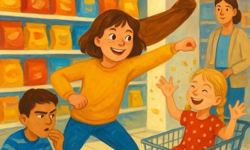 Het hoofdmeisje, 12 jaar, vrolijk en ondeugend, rond gezicht met sproeten, halflang kastanjebruin haar, draagt een mosterdgele trui en doet een superheldenpose met een denkbeeldige cape voor een schap chips; de broer, 13 jaar, theatraal en geconcentreerd, kort bruin haar, blauwgestreept T‑shirt, knielt links en doet alsof een aardappel een chip wordt; de zus van 8 jaar, speels en giechelig, blond met vlechten, rode jurk met witte stippen, zit rechts in een winkelwagen en maakt explosie‑achtige gebaren met denkbeeldige kruimels op haar handen; de moeder, dertiger, kalm en glimlachend, haar opgestoken, beige jasje, staat iets achteraan bij een koffierek en kijkt liefdevol; locatie: helder pastelgang in de supermarkt met kleurrijke verpakkingen, oud bordje "Sssst", glanzende crèmekleurige tegels en een metalen winkelwagen met gekreukelde boodschappentas; scène: trio speelt mimespel met overdreven gebaren, stille lachjes, vliegende chipskruimels en warme, grappige sfeer, felle kleurcontrasten en zichtbare gouachetextuur.