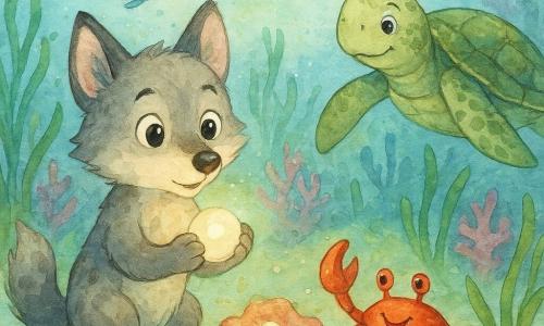 Miro, ein kleiner anthropomorpher Wolf mit weichem grau-sandigem Fell und großen glänzenden Augen, betrachtet konzentriert und staunend eine leuchtende Perle, die er behutsam zwischen seinen Pfoten hält; hinter ihm schwimmt die gutmütige Meeresschildkröte Oma Linde mit olivgrünen Schuppen, eine Flosse beruhigend an seiner Schulter, rechts von Miro sitzt der freche, feuerrote Krabbe Krabbs auf einem Seegrasblatt und zeigt mit der Schere auf eine Perlenreihe, ein kleiner silberbläulicher Fisch schwimmt neugierig um sie herum und erhellt den Weg durch ein unterseeisches Posidonia-Garten mit wiegenden grünen Halmen, rosa und blauen Korallen, hellem Sand und aufsteigenden Bläschen; sie sammeln behutsam leuchtende Perlen in einer Korallenmulde, das klare Wasser wirft grünlich-blaue Halos und glitzernde Partikel, die Stimmung ist ruhig, sanft und leicht magisch.