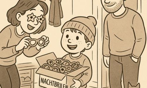 Ein etwa 6-jähriger Junge, begeistert, mit zu großer Mütze, rundem, sommerkitzligem Gesicht und leuchtenden Augen hält eine offene Schachtel mit kleinen Fantasiebrillen und trägt ein Pappschild „NACHTBRILEN“ an der Brust; links von ihm beugt sich seine lächelnde, überraschte Mutter (ca. 30–35) und hält eine Sternbrille an die Augen, rechts leicht im Hintergrund steht sein gutmütiger Vater (ca. 30–40), schaut auf seine Hausschuhe und lacht leise; eine kleine Hauskatze auf einem Kissen bei einer Kommode beobachtet die Szene; Ort: ein warmer Wohnungsflur mit Holzdielen, Schuhbank, kleiderüberquellender Schranktür, niedriger Wandleuchte und einer halb geöffneten Tür mit der Aufschrift „Nur für die Nacht“; Szene: der Junge präsentiert seine „Nachtbrillen“, die Ordnung und kleine magische Effekte bewirken (Schuhe, die sich einordnen, eine Socke, die unter einem Möbel hervorkommt), spielerisch leicht magische Stimmung, klare Konturen und scharfe Details, Komposition zentriert auf Junge und Brillenschachtel.