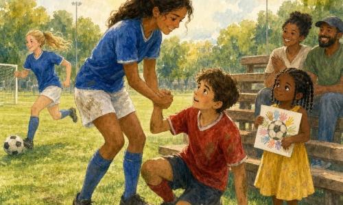 Mujer adulta, María, con sonrisa amable y mirada benevolente, pelo castaño en coleta, camiseta azul y pantalones cortos blancos, extiende la mano para ayudar a un jugador a levantarse en el campo; chico de unos 12 años, rival, sorprendido pero agradecido, rodilla en el suelo, camiseta roja manchada de hierba, toma la mano de María; niña de unos 6 años, espectadora tímida, vestido amarillo y trenzas, sostiene un dibujo de un balón rodeado de manos y mira a María con admiración desde el borde del campo; Lucía, compañera de unos 16 años, pelo rubio en coleta alta, corre hacia la portería con el balón, concentrada y alegre, algo atrás a la izquierda; campo de fútbol en un parque de barrio con césped marcado por el juego, gradas de madera con padres sonrientes, árboles y farolas a lo lejos, cielo claro con toques de sol y nubes suaves; escena principal: gesto de fair-play durante un partido amistoso, compañerismo, colores cálidos y lavado acuarelado suave, trazos fluidos y detalles de hierba, ropa y expresiones claras.