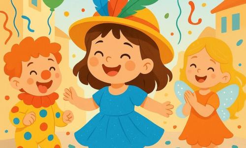 Una niña de 2 años, Luna, con cabello castaño y ojos brillantes, lleva un vestido azul brillante y un sombrero decorado con plumas de colores. Sonríe alegremente, con las mejillas sonrojadas por la emoción, mientras baila al ritmo de la música. A su lado, un niño de 3 años, Leo, vestido de payaso con una nariz roja y zapatos gigantes, hace muecas riendo. Un poco más lejos, Ana, una niña de 4 años con alas de mariposa brillantes, aplaude sonriendo, con su cabello rubio flotando al viento. La escena se desarrolla en una calle animada, decorada con guirnaldas de colores y globos flotantes. El suelo está cubierto de confeti multicolor que brilla bajo el sol. Luna y sus amigos bailan juntos, saltando y riendo, rodeados de música festiva y risas, creando una atmósfera alegre y llena de vida.