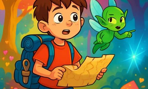 Un niño de 10 años, Leo, con el cabello castaño desordenado y ojos llenos de curiosidad, se encuentra en el centro de la imagen. Lleva una camiseta roja brillante y un pantalón corto de mezclilla, con una mochila llena de herramientas de aventura. Su rostro expresa emoción y un toque de preocupación mientras mira una luz azul centelleante a lo lejos. A su lado, Nimbo, un pequeño duende con alas translúcidas y brillantes, flota en el aire. Tiene una piel verde brillante y ojos dorados, y parece preocupado pero decidido, señalando hacia la luz con una manita. El escenario es el Parque de los Sueños, un lugar mágico con árboles de troncos dorados y hojas multicolores. Flores luminosas y hongos centelleantes adornan el suelo, mientras una bruma dorada envuelve el paisaje, creando una atmósfera de cuento de hadas. La situación principal muestra a Leo y Nimbo listos para la aventura, Leo sosteniendo un mapa mágico en una mano, mientras Nimbo, con una sonrisa alentadora, lo invita a avanzar hacia la luz misteriosa que podría llevarlos a la clave del Reino de las Nubes Brillantes.